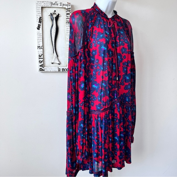 FREE PEOPLE Dopamine Boho Love Letter Oversized Flowy Red Floral Tunic Top Sz M - Picture 6 of 17